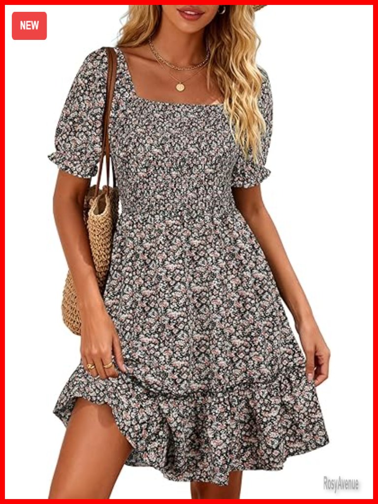 Square Neck Short Sleeve Smocked Sun Dress With Pockets Ruffle Boho Mini
